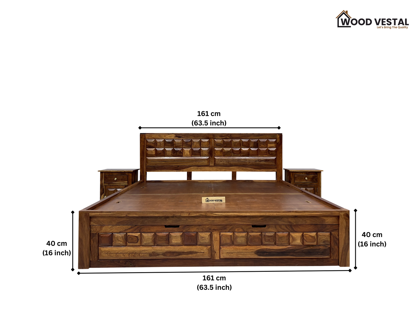 Sheesham Wood Bed in Storage & Drawer – Wooden Diamond Design – King Size