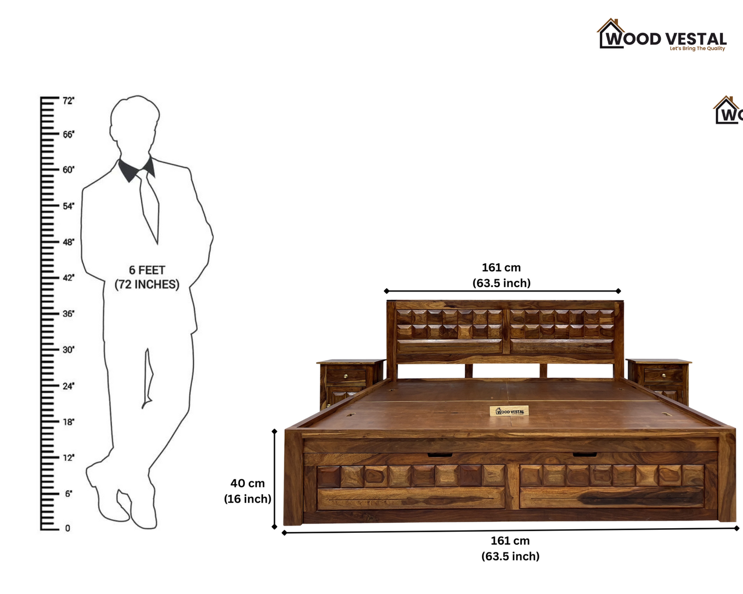 Sheesham Wood Bed in Storage & Drawer – Wooden Diamond Design – King Size