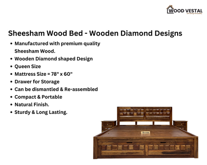 Sheesham Wood Bed in Storage & Drawer – Wooden Diamond Design – King Size