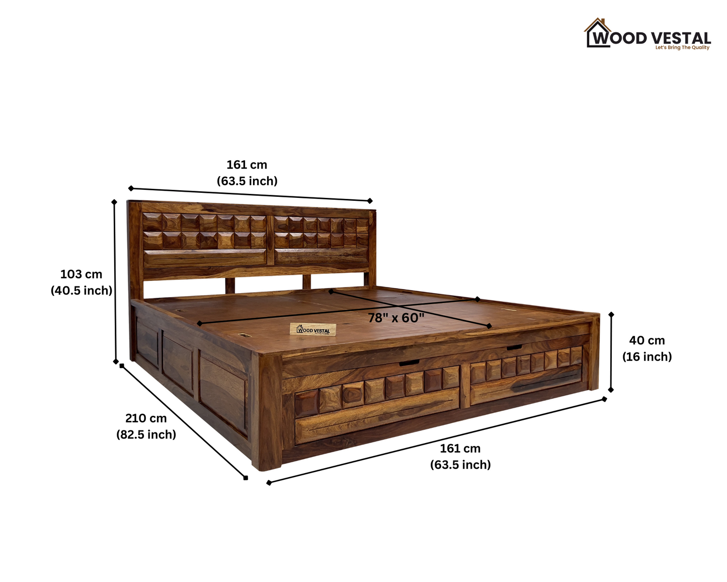 Sheesham Wood Bed in Storage & Drawer – Wooden Diamond Design – King Size