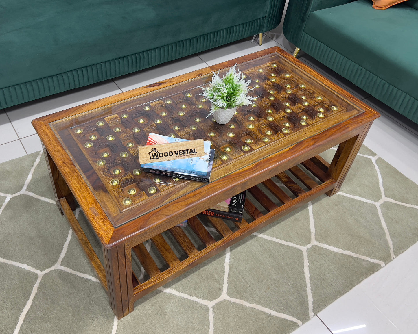 Sheesham Wood Coffee Table/ Centre Table - Brass Design - Natural Finish