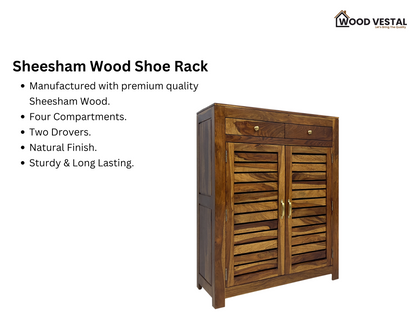 Sheesham Wood Shoe Rack with Drawers - Natural Finish