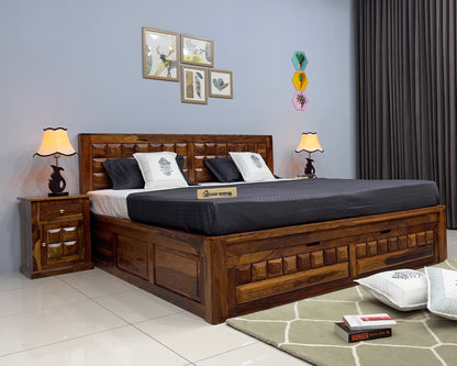 Sheesham Wood Bed in Storage & Drawer – Wooden Diamond Design – King Size