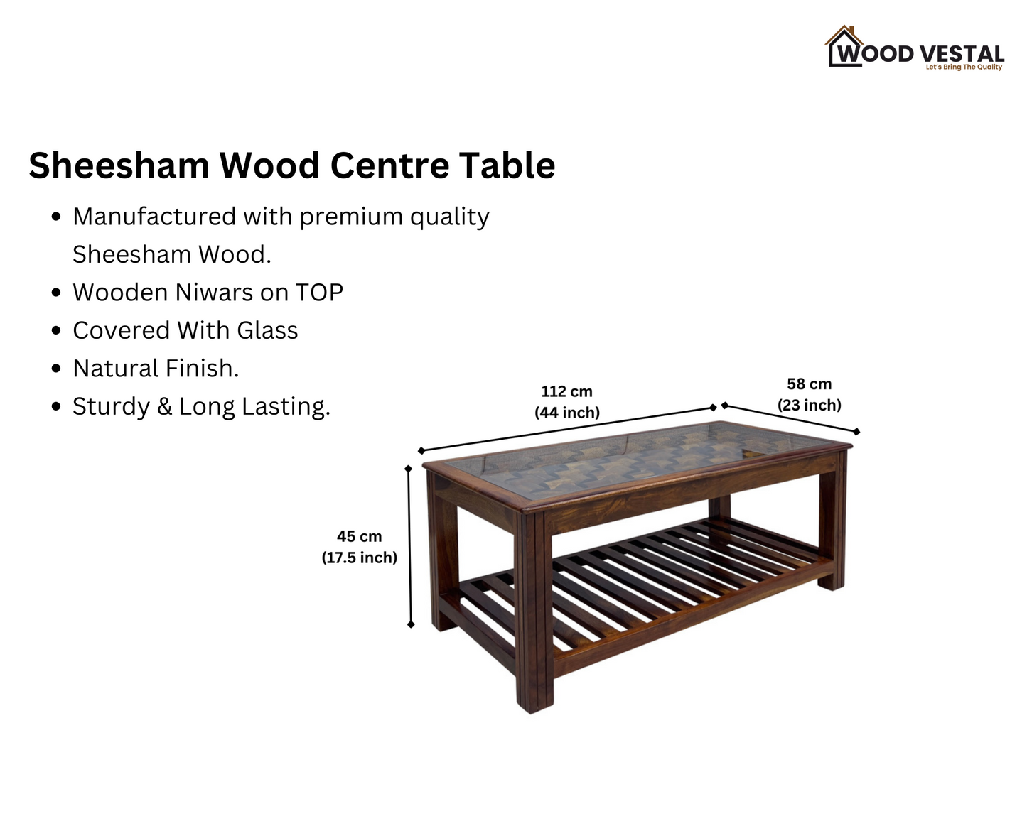 Sheesham Wood Coffee Table/ Centre Table - Wooden Niwar Designs - Natural Finish