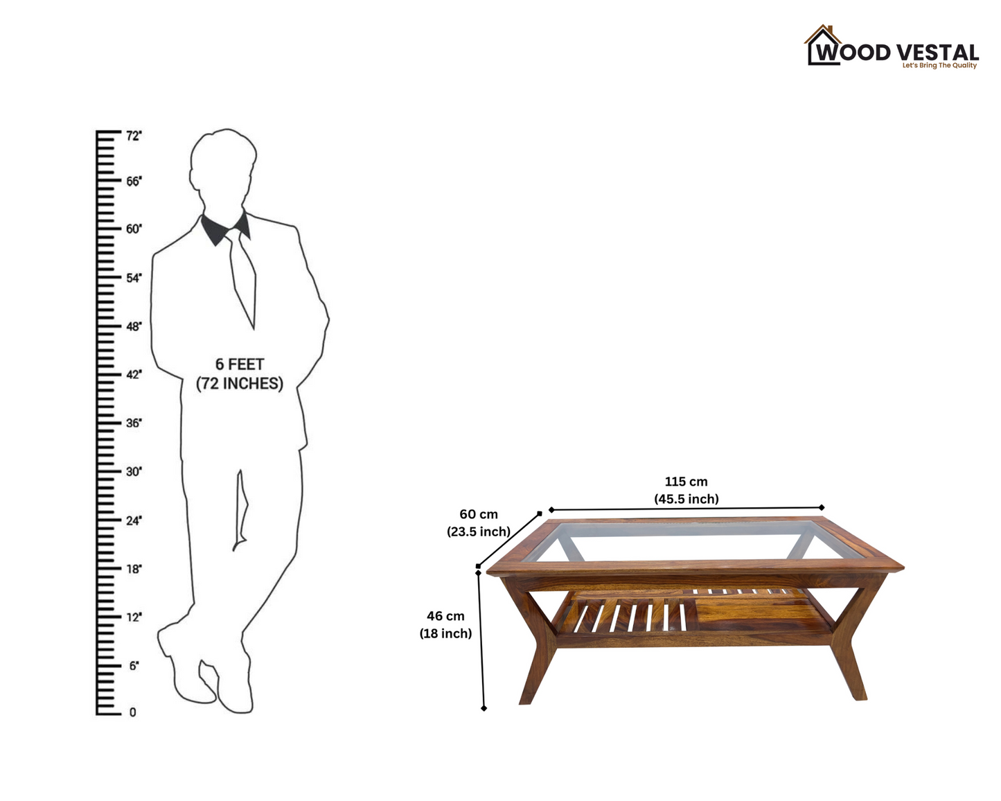 Sheesham Wood Coffee Table/ Centre Table - Glass Top Design - Natural Finish