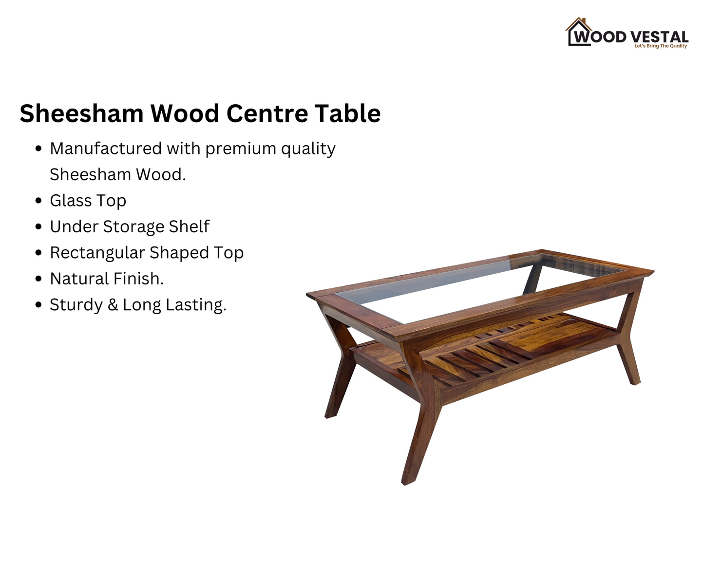 Sheesham Wood Coffee Table/ Centre Table - Glass Top Design - Natural Finish