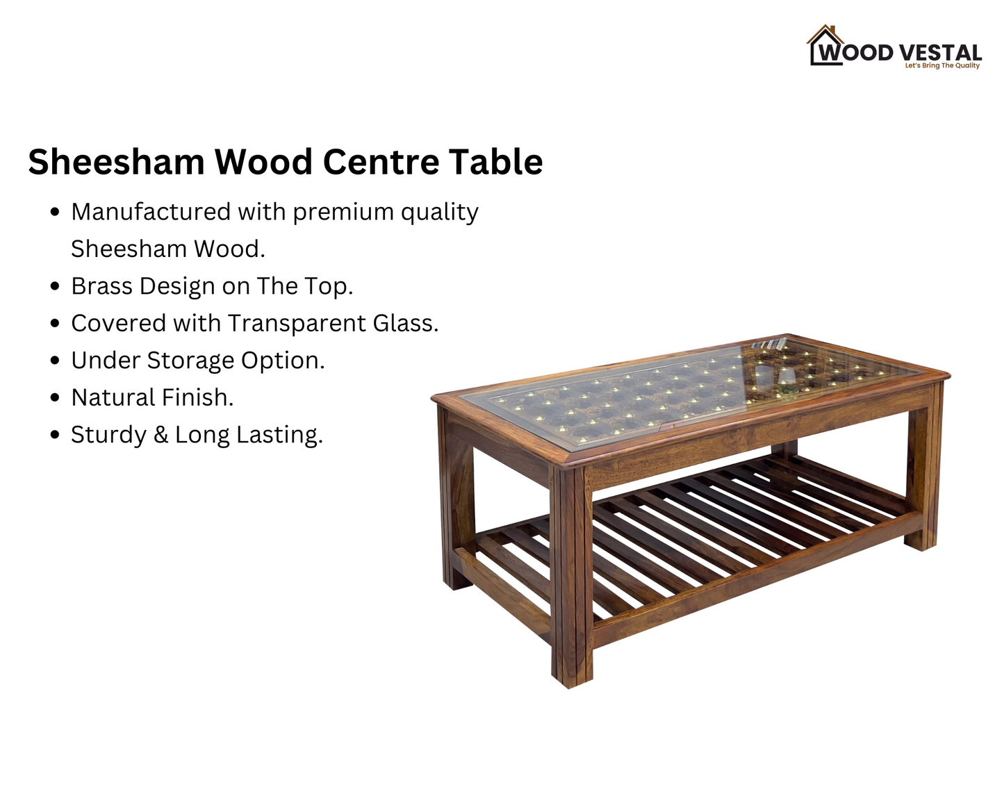 Sheesham Wood Coffee Table/ Centre Table - Brass Design - Natural Finish