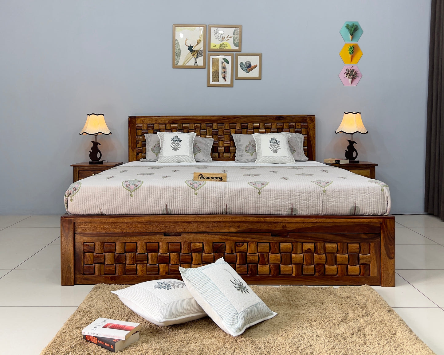 Sheesham Wood Bed in Storage & Drawer - Wooden Niwars Design - King Size