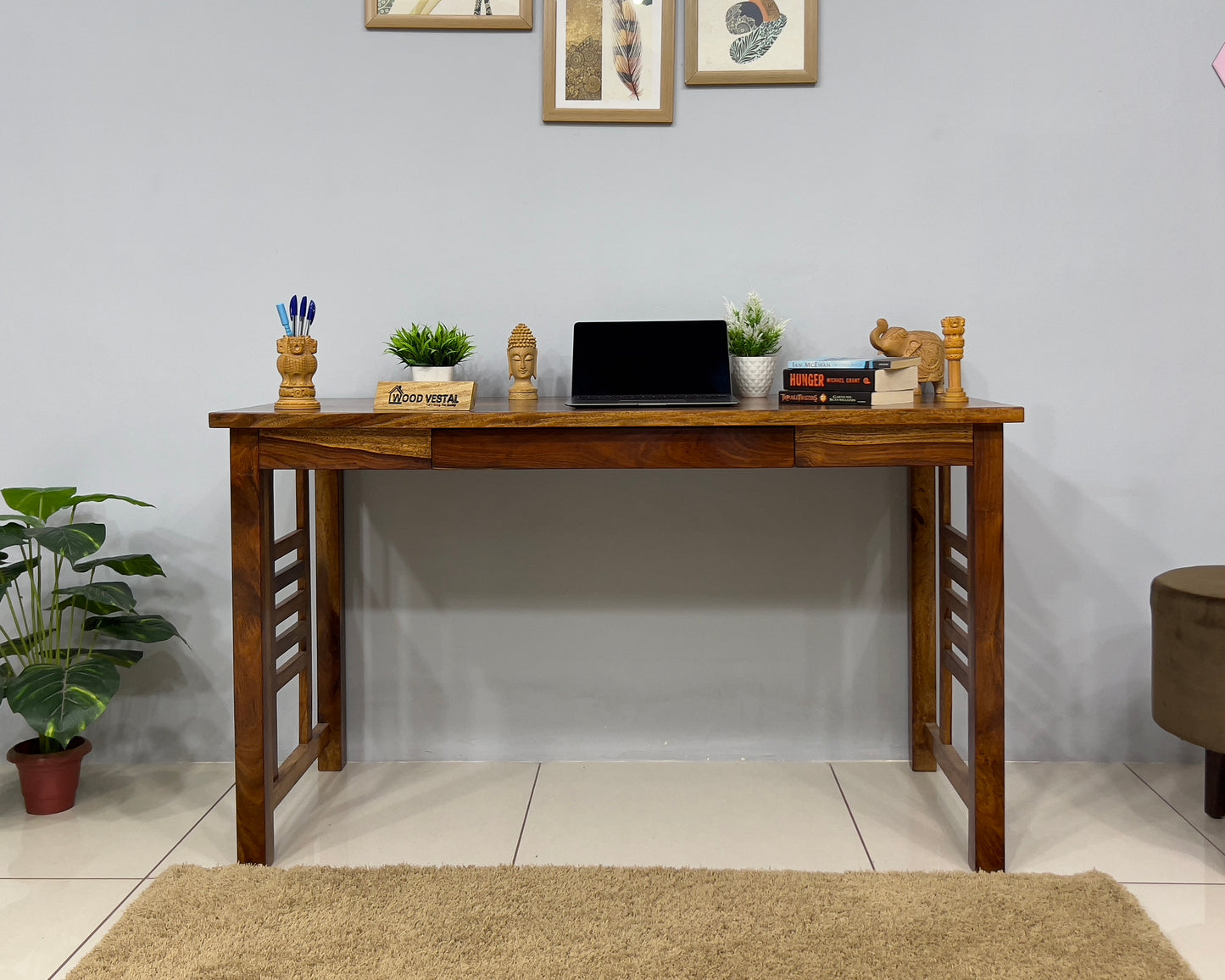 Study Table with removable Storage Compartments and keyboard tray - Natural finish