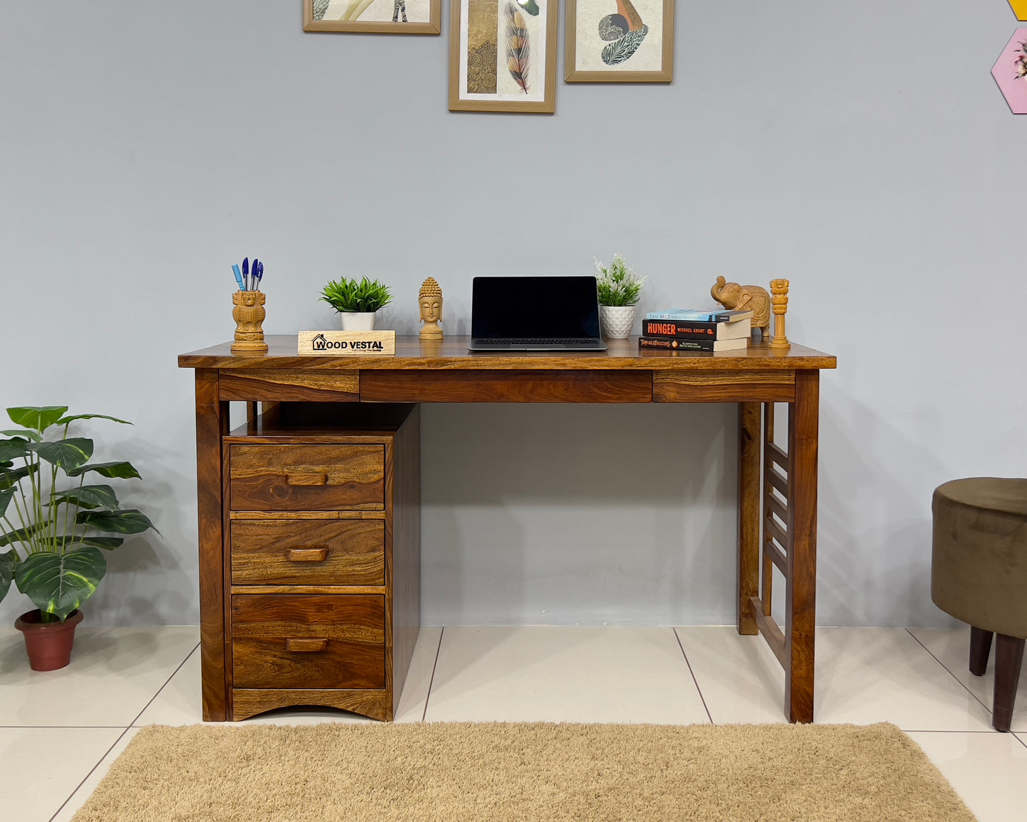 Study Table with removable Storage Compartments and keyboard tray - Natural finish