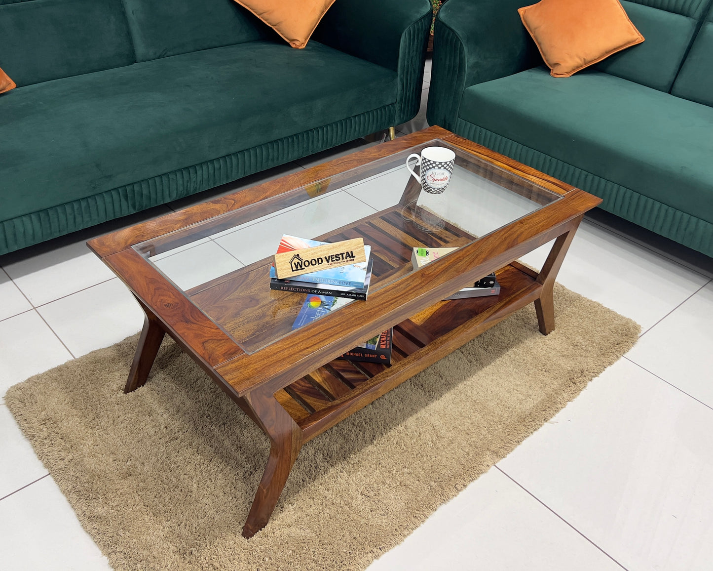 Sheesham Wood Coffee Table/ Centre Table - Glass Top Design - Natural Finish