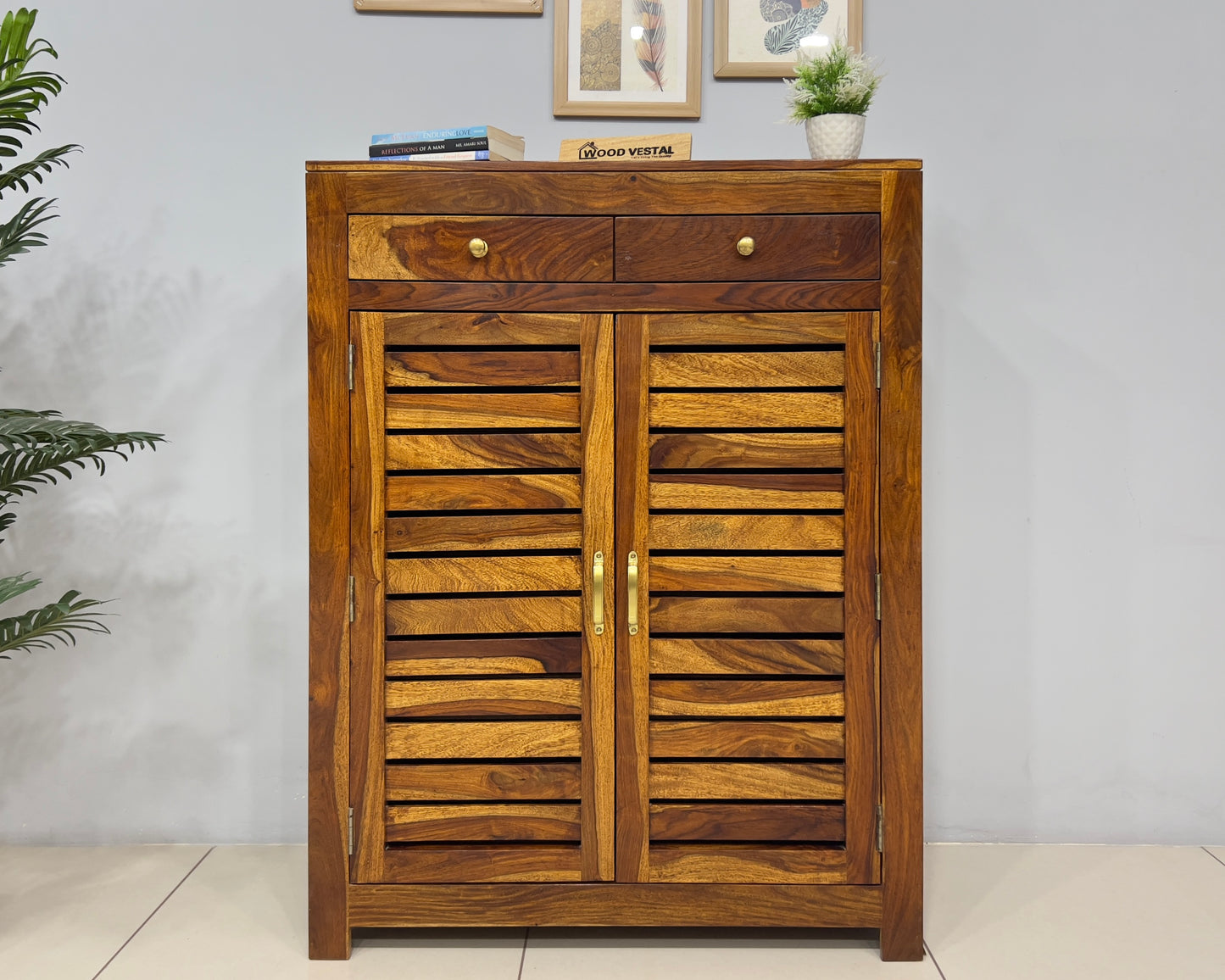 Sheesham Wood Shoe Rack with Drawers - Natural Finish