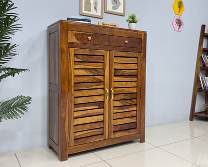 Sheesham Wood Shoe Rack with Drawers - Natural Finish