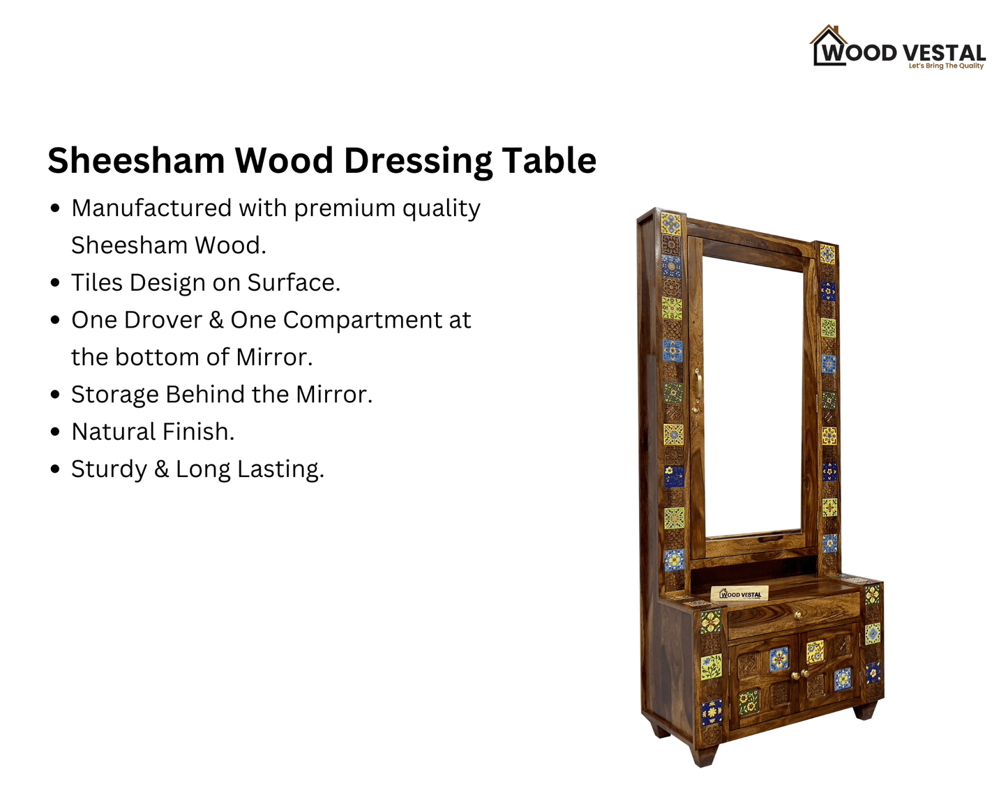 Sheesham Wood Dressing Table – Tile Designed | Wooden Dressing Table for Bedroom