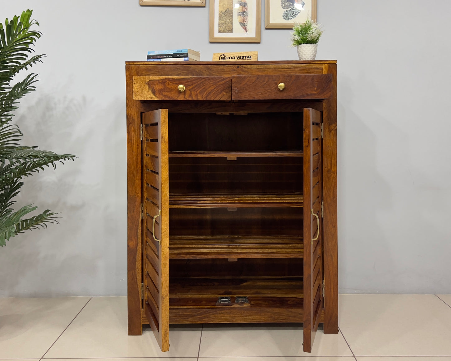 Sheesham Wood Shoe Rack with Drawers - Natural Finish