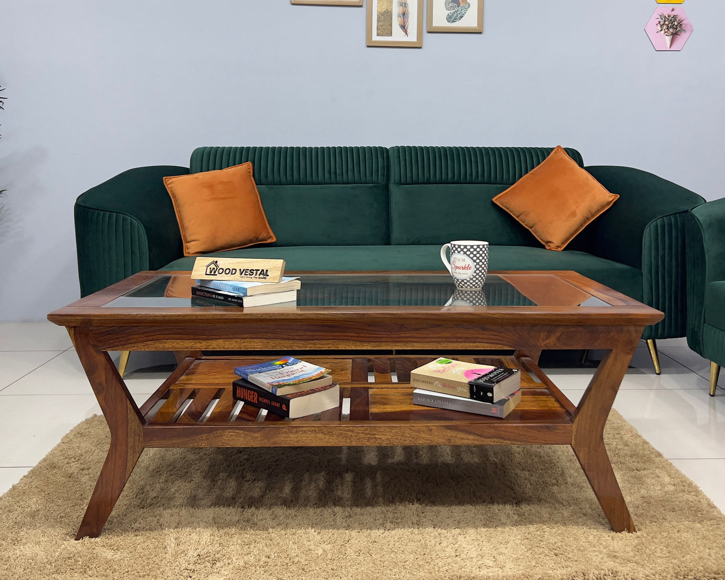 Sheesham Wood Coffee Table/ Centre Table - Glass Top Design - Natural Finish