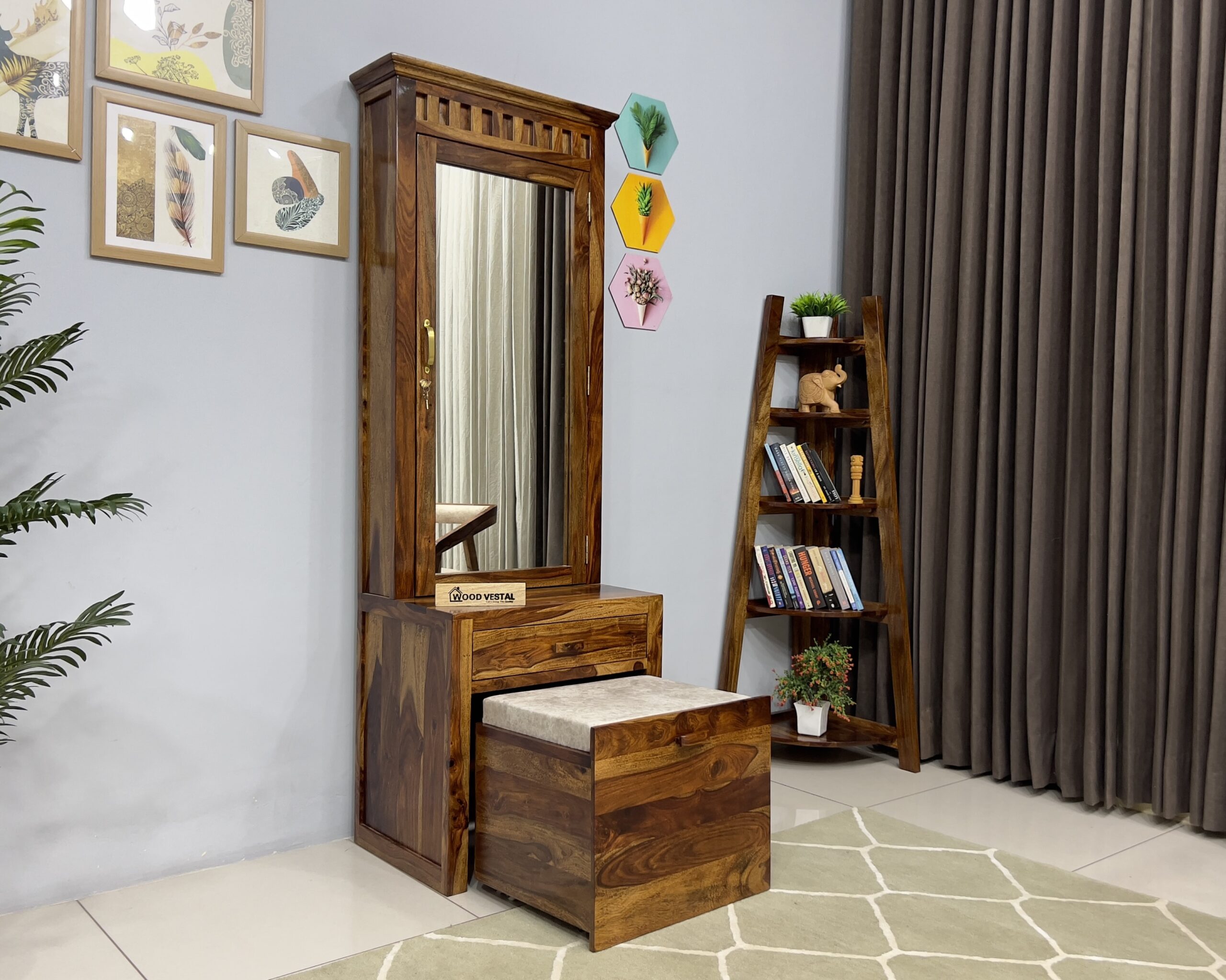 Solid Wood Brass Jiksa Jali Design Dressing Table With Stool - RAJ  HANDICRAFT